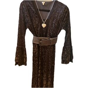 REBA LET IT SHINE Dress Burnout VELVET‎ Bell Ruffle Sleeve Dress V-Neckline Maxi